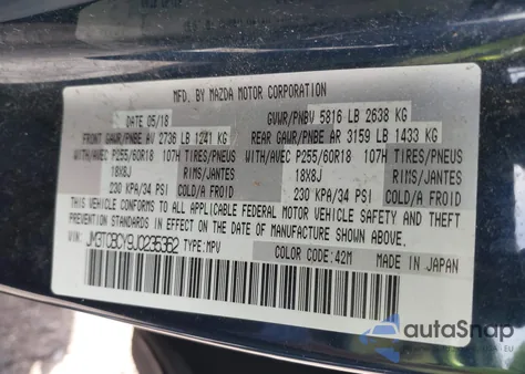 2018 Mazda Cx-9 Touring z USA, uszkodzony, nr VIN JM3TCBCY9J0235362